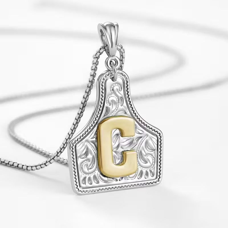 Rancher Initial Necklace | Engraved Metal Cattle Tag, Rustic Elegance 58