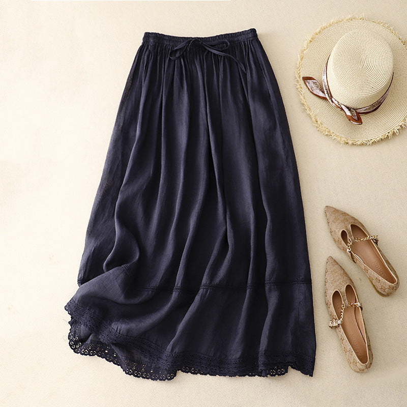 Liora Linen Skirt — Lightweight Breathable Skirt with Scalloped Lace Hem