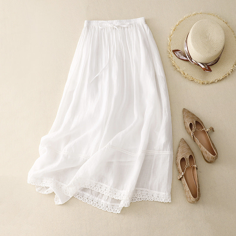 Liora Linen Skirt — Lightweight Breathable Skirt with Scalloped Lace Hem
