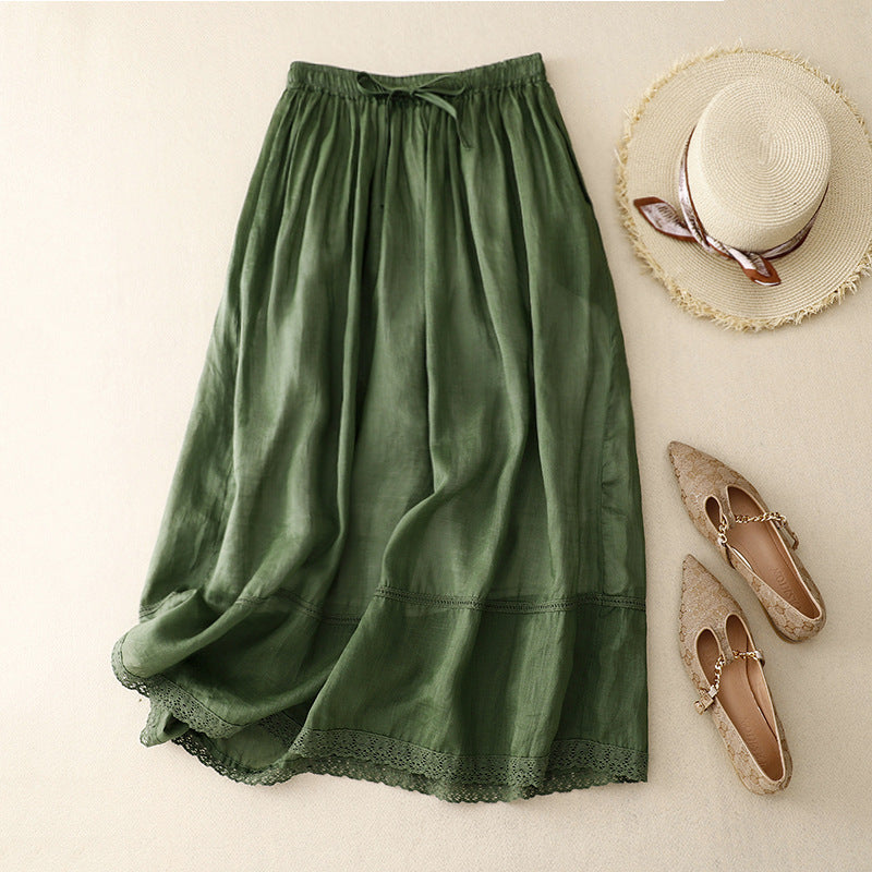 Liora Linen Skirt — Lightweight Breathable Skirt with Scalloped Lace Hem