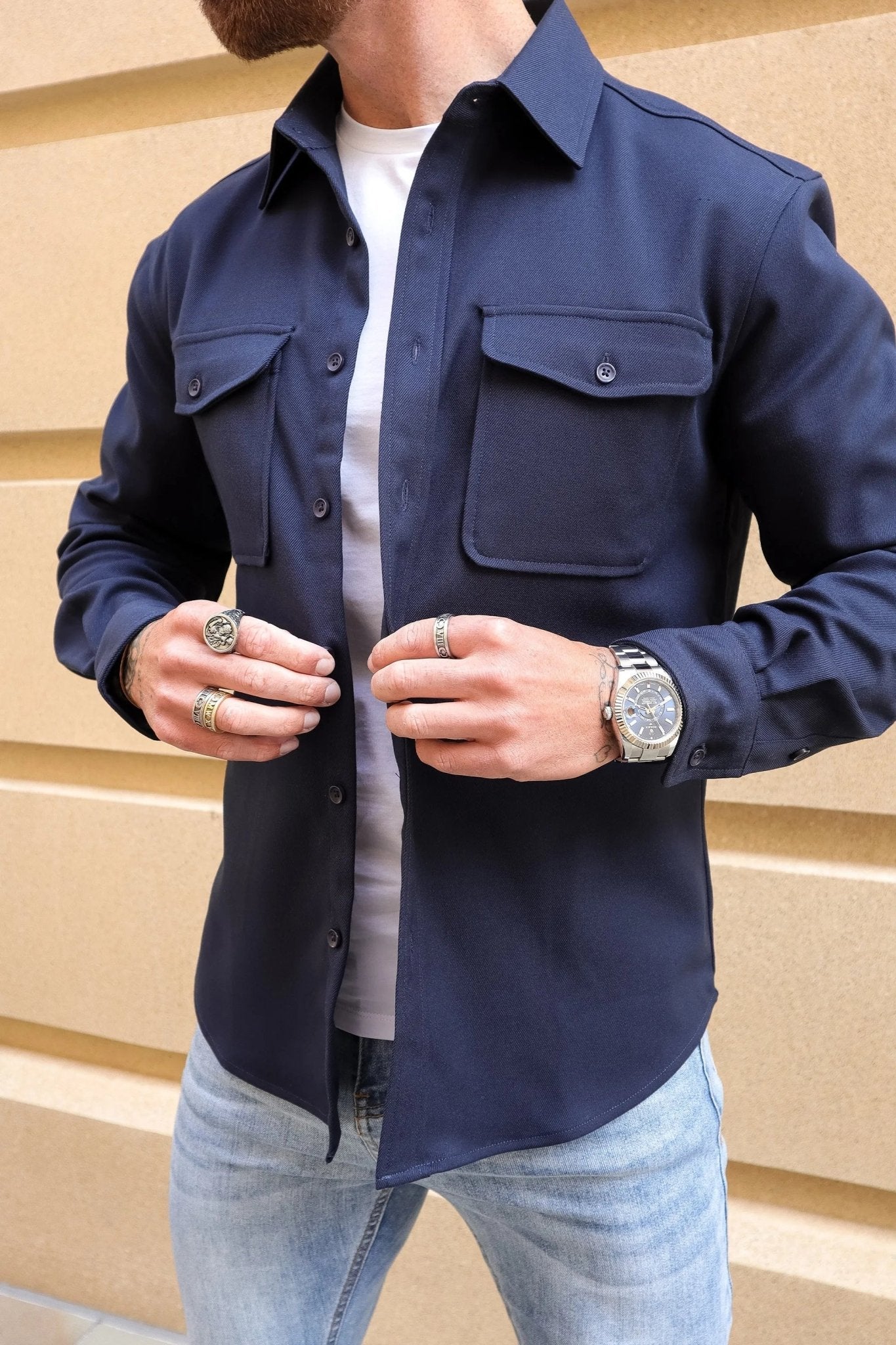 Kalenar — Men's Tailored Stretch Twill Overshirt with Chest Pockets - Sweater - Zavonix