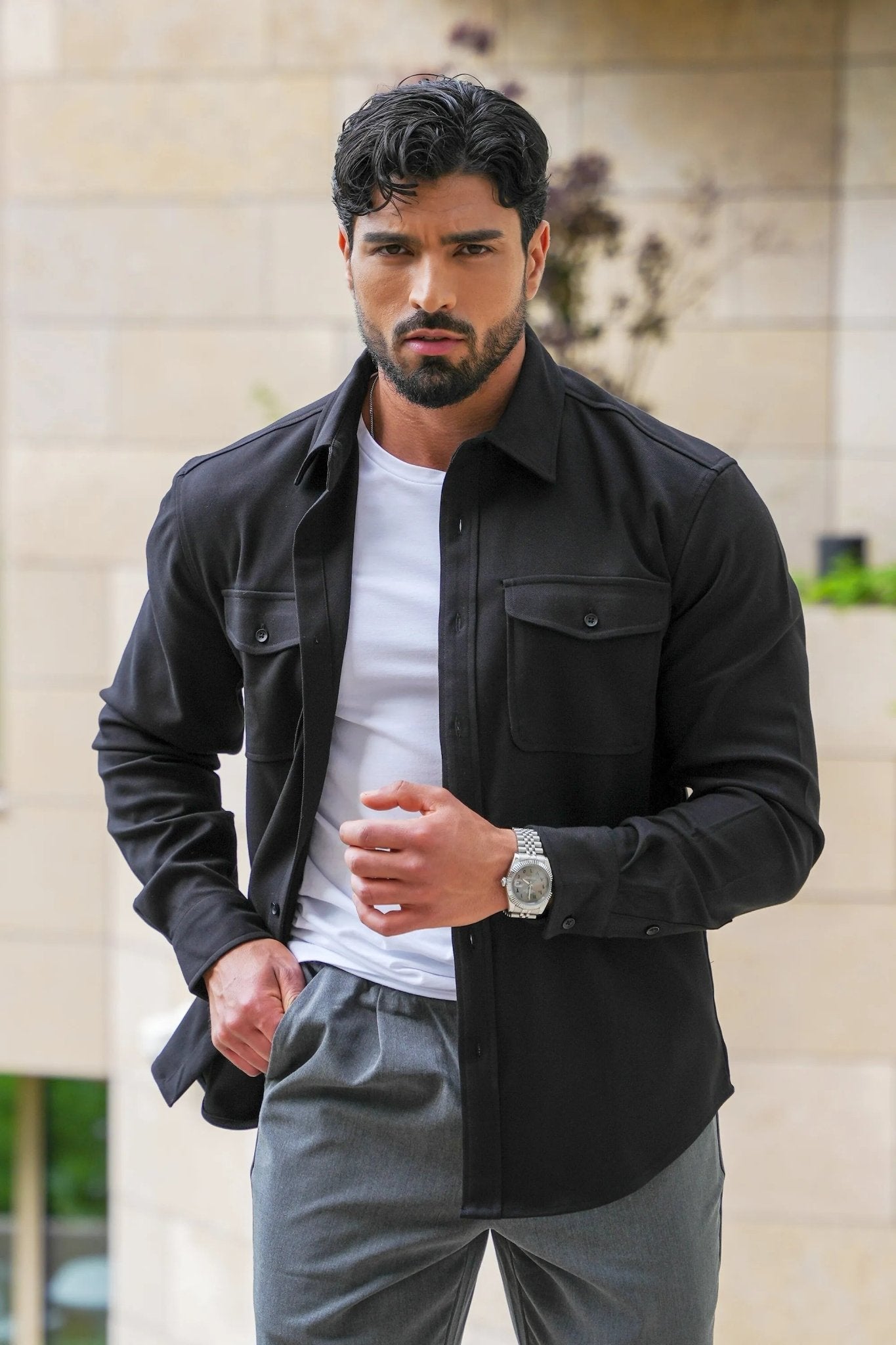 Kalenar — Men's Tailored Stretch Twill Overshirt with Chest Pockets - Sweater - Zavonix