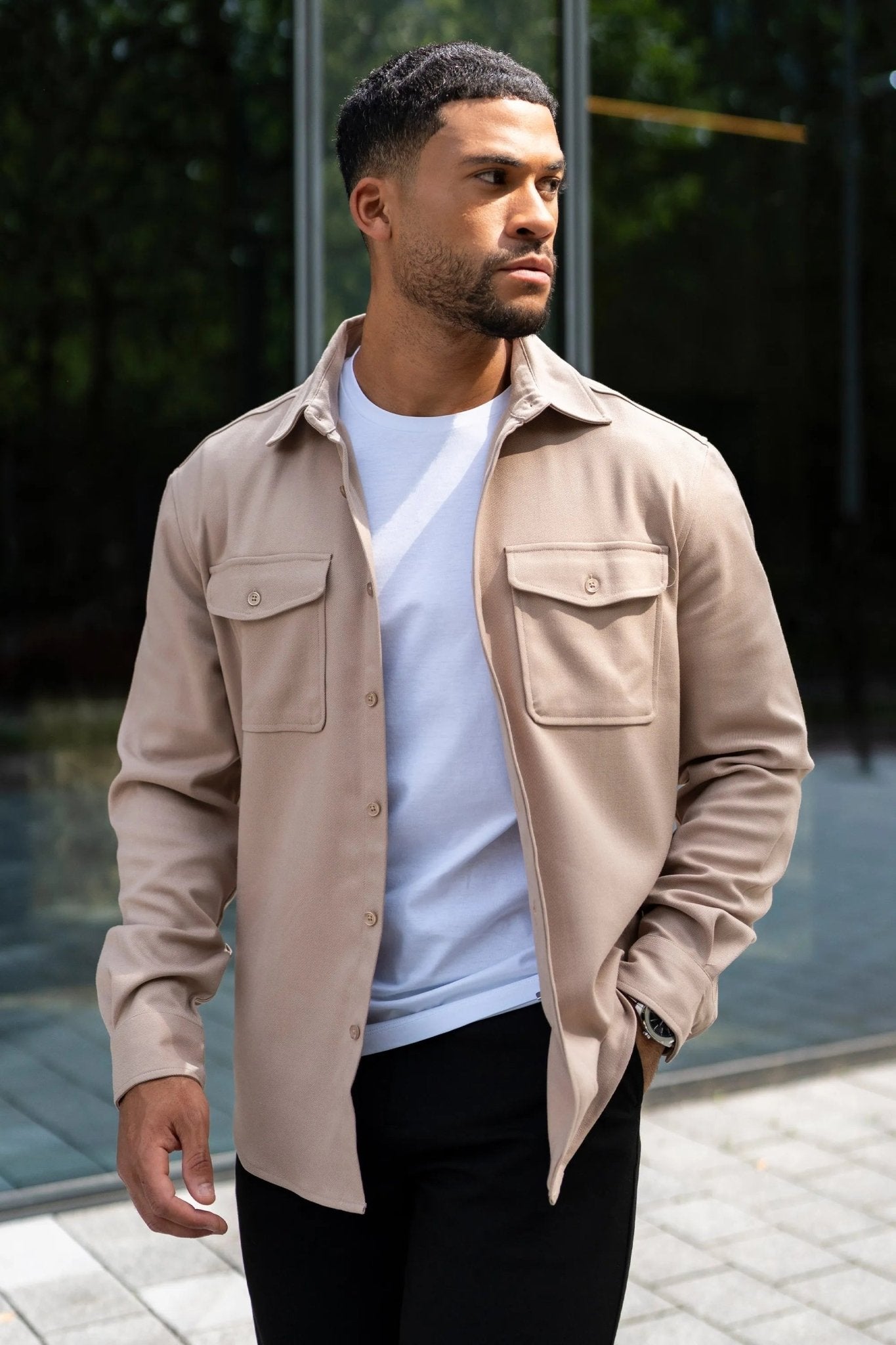 Kalenar — Men's Tailored Stretch Twill Overshirt with Chest Pockets - Sweater - Zavonix
