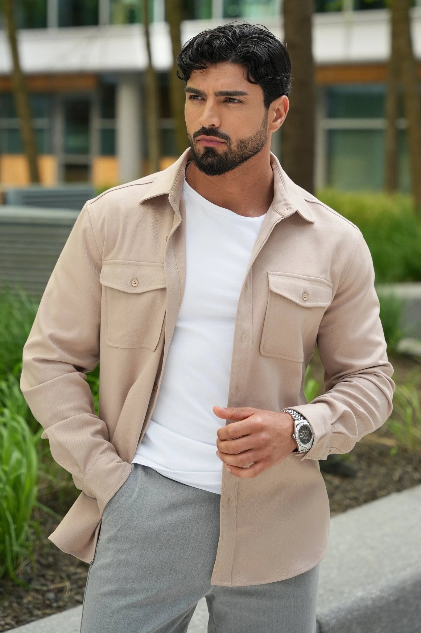 Kalenar — Men's Tailored Stretch Twill Overshirt with Chest Pockets - Sweater - Zavonix