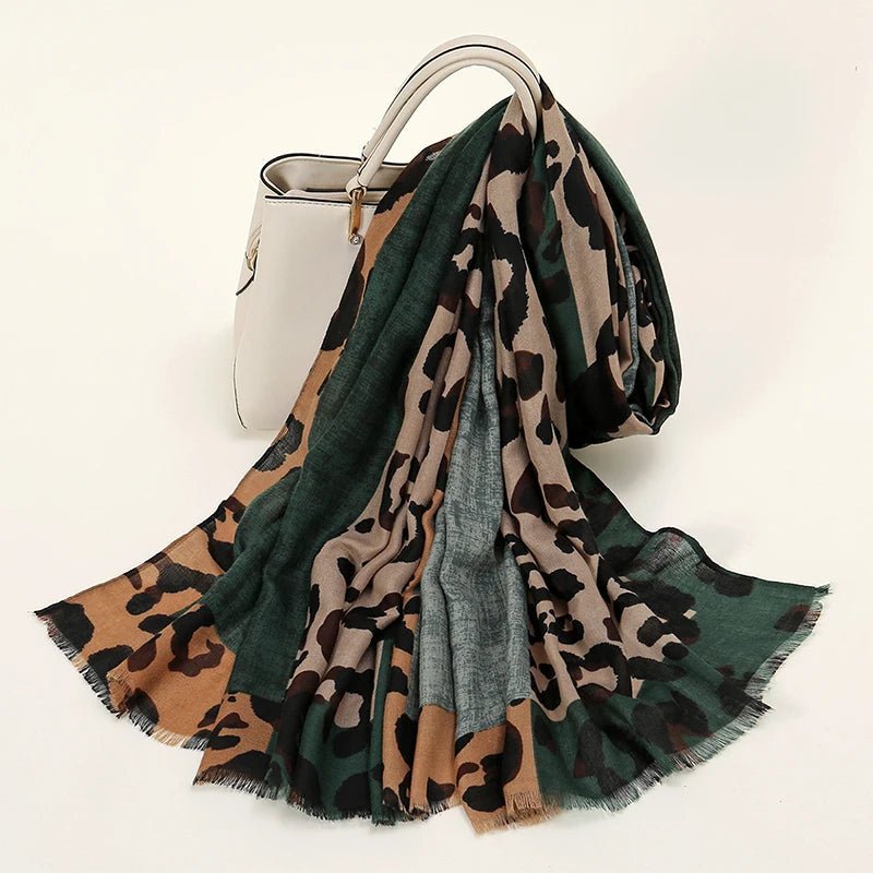 "Leopard Print Shawl" Scarf (Dark Green ) - Jacket | Zavonix