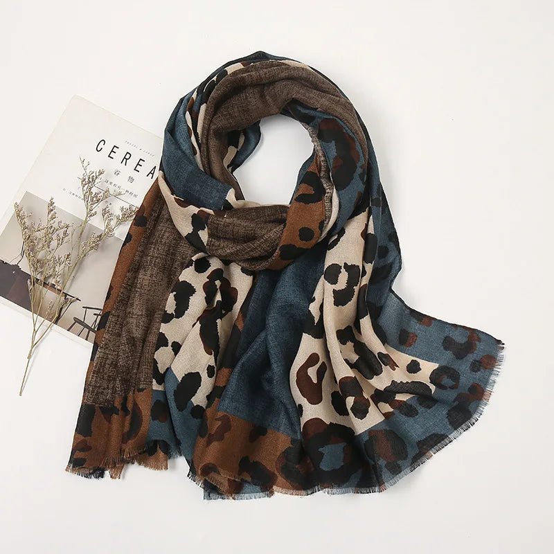 "Leopard Print Shawl" Scarf (Deep Blue ) - Jacket | Zavonix