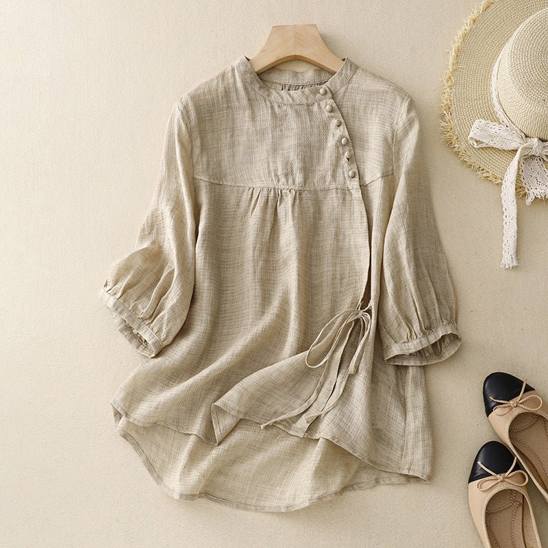 Linen Luxe Blouse™ — Feel Fresh, Flawless, and Fearlessly Fabulous All Day Long (Beige XS) - | Zavonix