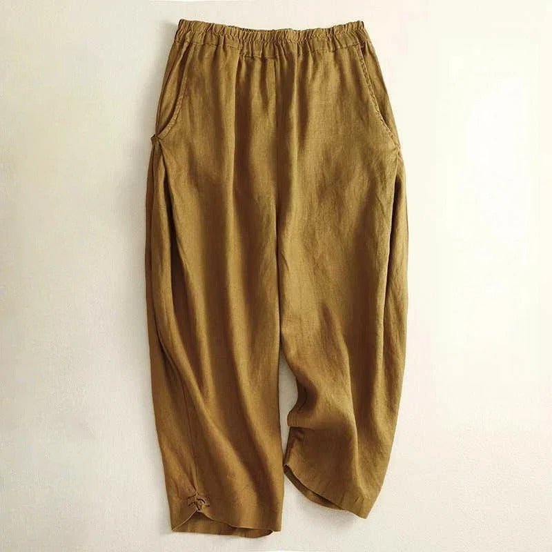 Liora Linen Pants — Breathable Casual Trousers with Gathered Waist (Mustard XS) - | Zavonix
