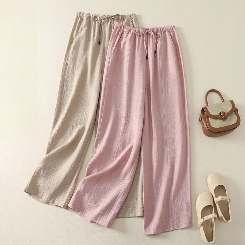 Liora — Lightweight Linen Pants with Drawstring Waist and Wide - Leg Fit (Pink XS) - | Zavonix