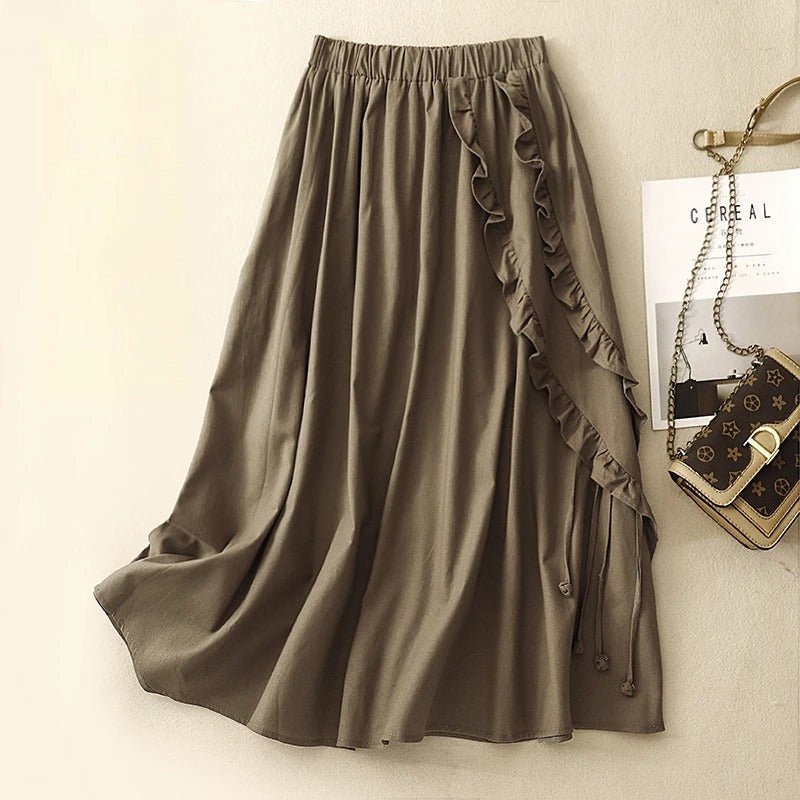 Liora Linen Skirt — Breathable Ruffle Skirt with Adjustable Ties (Brown XS) - | Zavonix