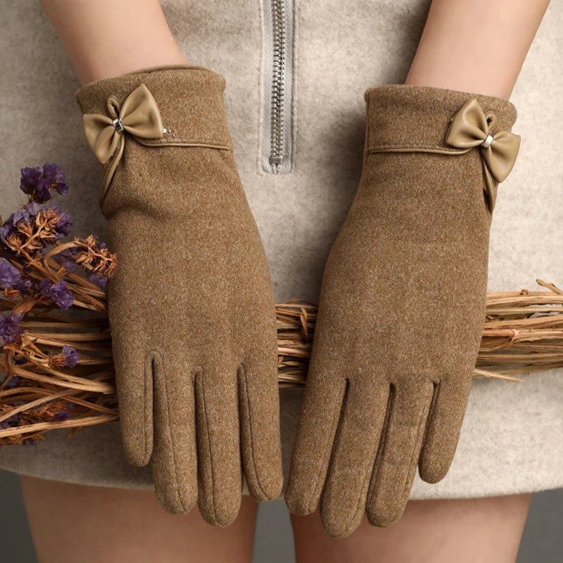 "Refined Bow" Wool - Mix Gloves (Khaki ) - | Zavonix