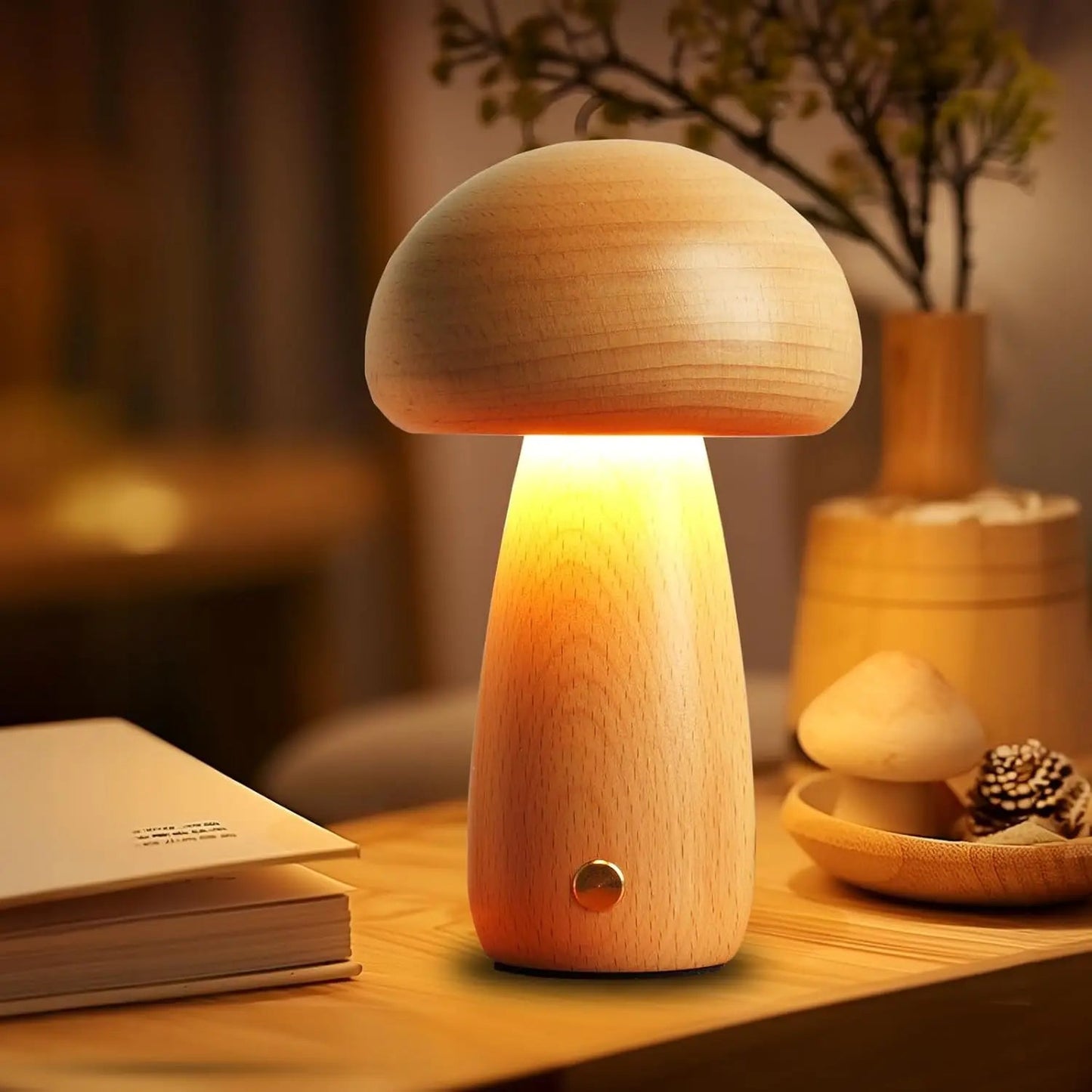Rustic Wooden LED Lamp with Adjustable Brightness – Rechargeable, Portable Design for Cozy Ambiance, Large and Small Sizes Available 8