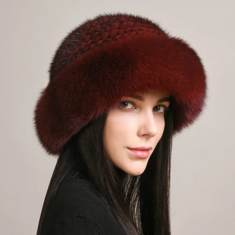 Siberian Aurora - Knitted Sable Fur Hat (Burgundy ) - | Zavonix