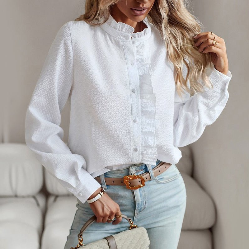 Sofia Bellara Frill Edge Shirt with Ruffle Trim (White S) - Women long sleeve shirt | Zavonix
