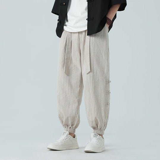 Takumio — Cotton Linen Pants with Subtle Streetwear Stripe (Beige 2XL) - | Zavonix