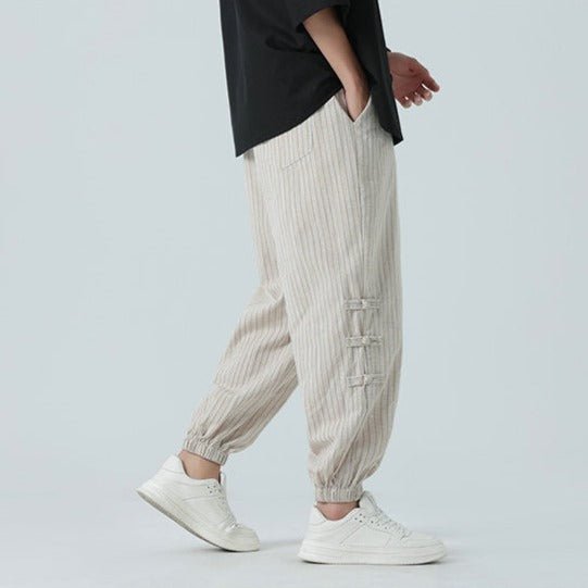 Takumio — Cotton Linen Pants with Subtle Streetwear Stripe (Beige 2XL) - | Zavonix