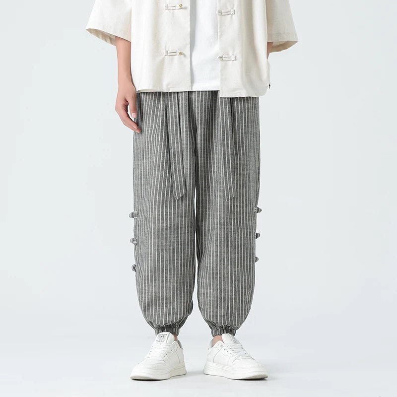 Takumio — Cotton Linen Pants with Subtle Streetwear Stripe (GRAY 2XL) - | Zavonix