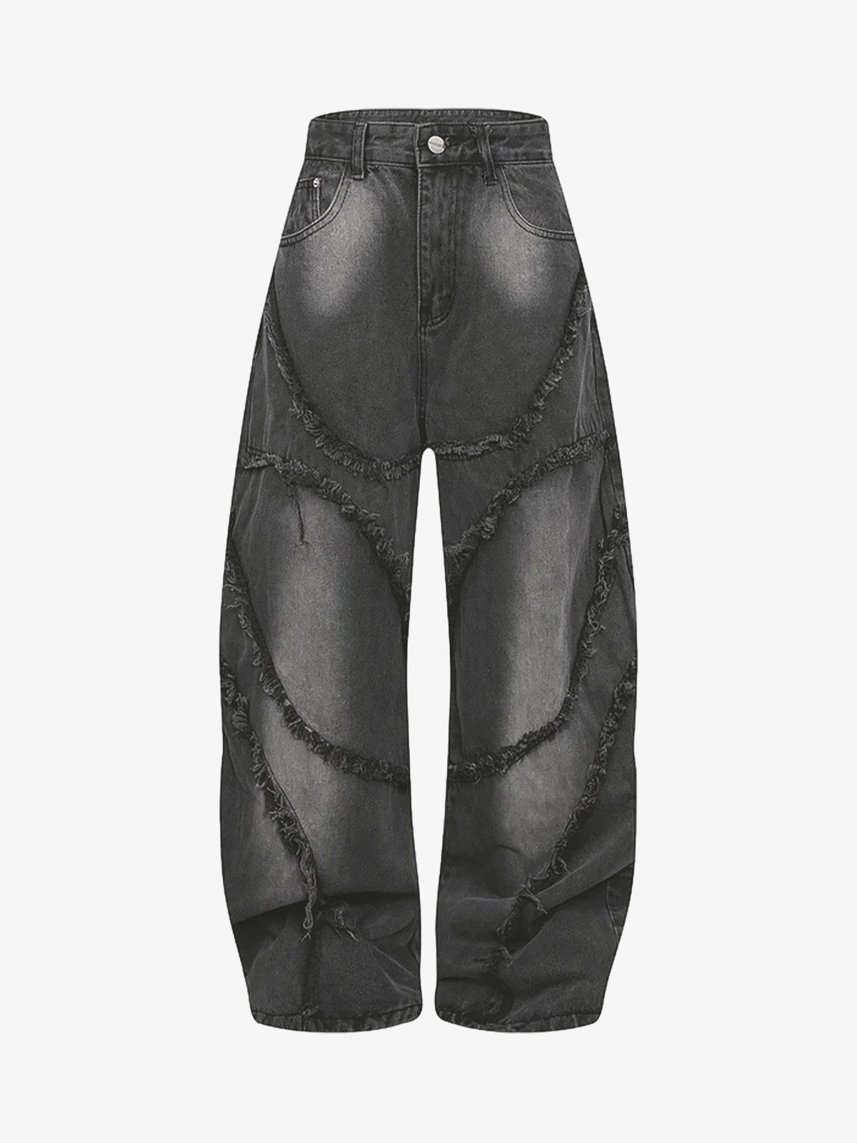 Washed Distressed Raw Edge Barrel Synthetic Leather Jeans (Dark Grey M) - Jeans | Zavonix