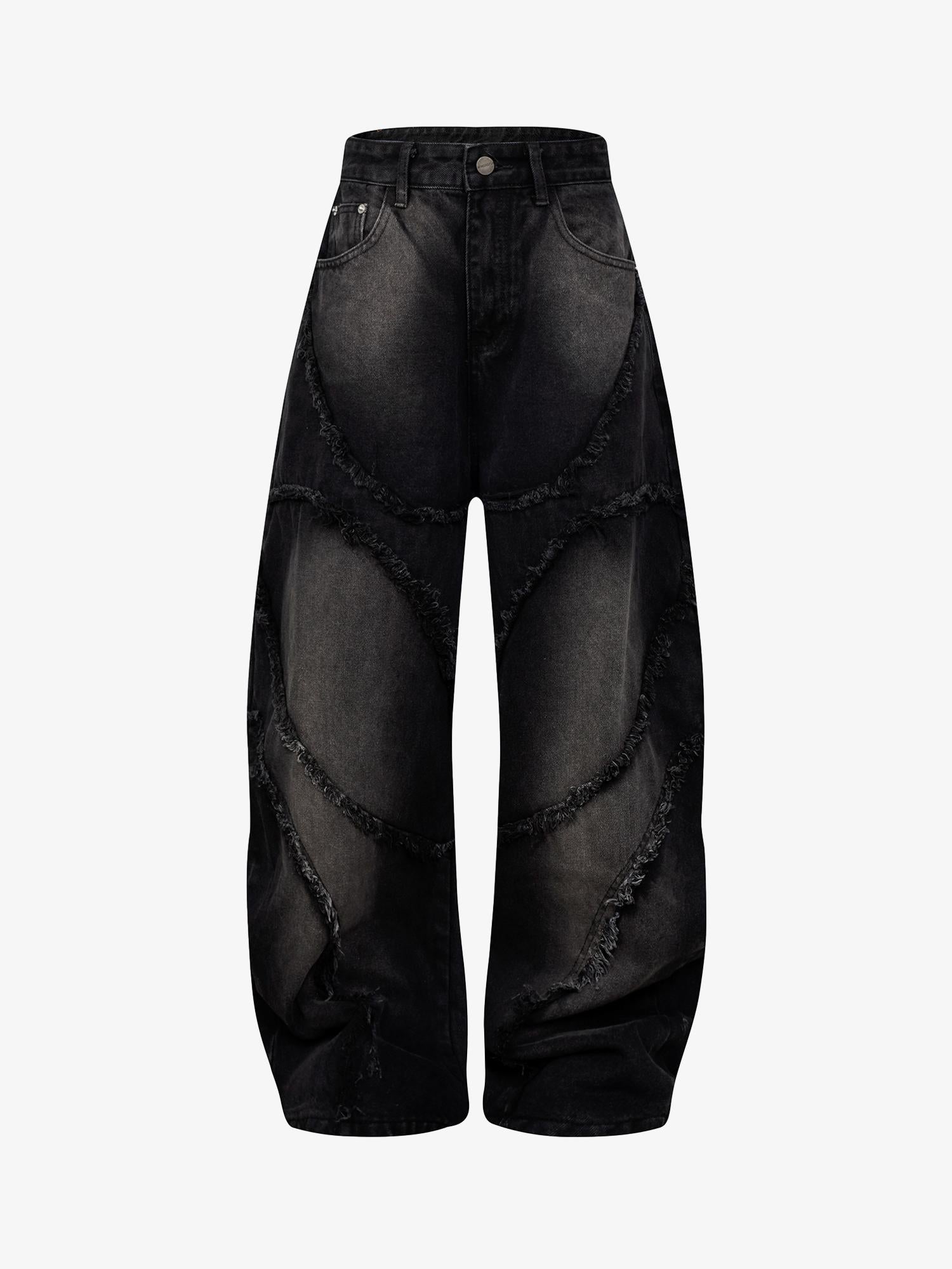 Washed Distressed Raw Edge Barrel Synthetic Leather Jeans (Black M) - Jeans | Zavonix