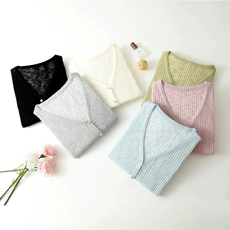 Lightweight Wool Cardigan with Soft Ribbed Texture and Tailored V-Neck