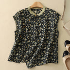 Sleeveless Linen Blouse with Mandarin Collar and Floral Print