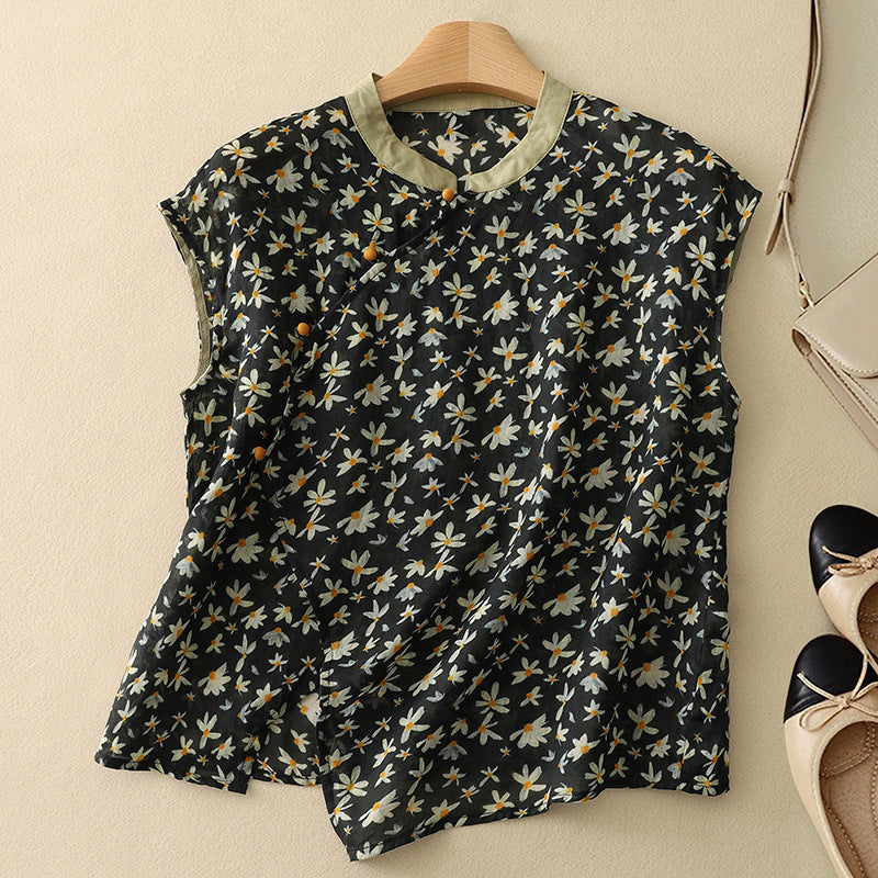 Sleeveless Linen Blouse with Mandarin Collar and Floral Print