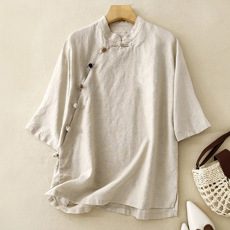 Women's Pure Linen Blouse with Side-Tied Buttons and Mandarin Collar