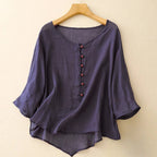 Linen Blouse with Soft Pleats and Fabric-Covered Buttons