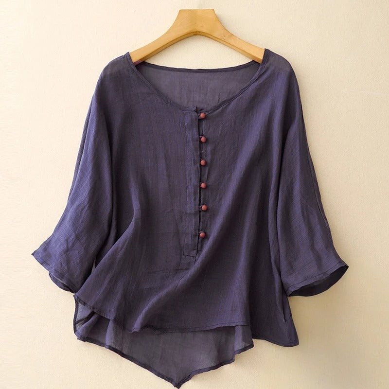 Linen Blouse with Soft Pleats and Fabric-Covered Buttons