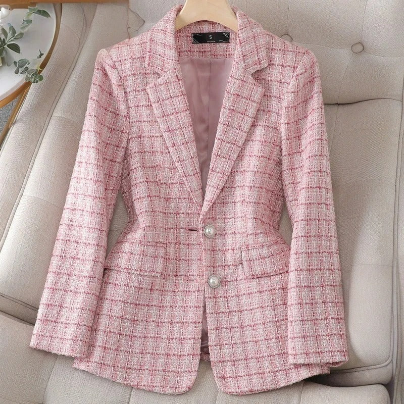 Tailored Tweed Blazer with Pearl Buttons for Elegant Style