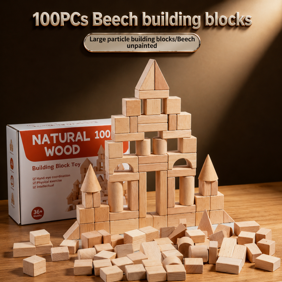 100-piece natural wooden building block set arranged as a castle beside its box