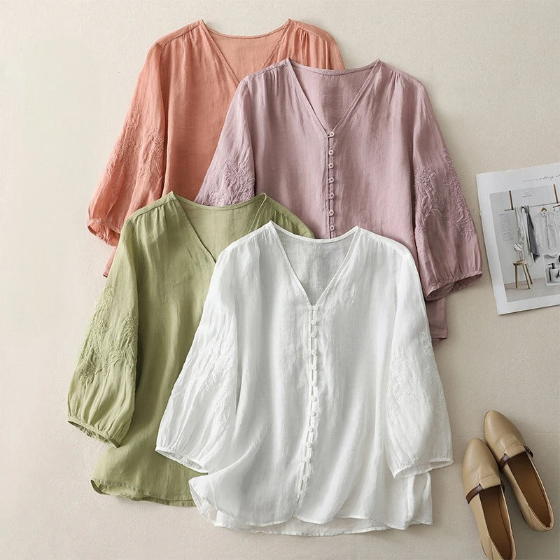 Women's Linen Blouse with Breathable Fabric and Embroidered Sleeves