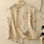 Sleeveless Linen Blouse with Mandarin Collar and Floral Print