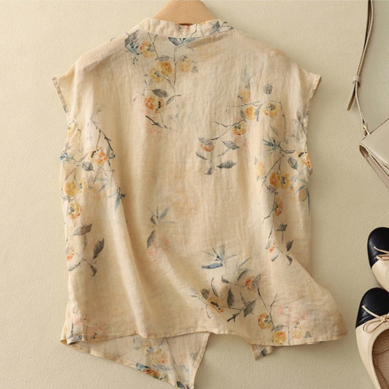 Sleeveless Linen Blouse with Mandarin Collar and Floral Print