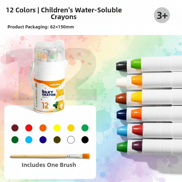 12-color water-soluble crayon set with one brush, handled case, color chart, and ages 3+ label