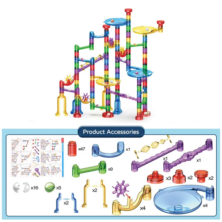 130-piece marble run shown assembled above its track pieces and marbles