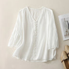 Women's Linen Blouse with Breathable Fabric and Embroidered Sleeves