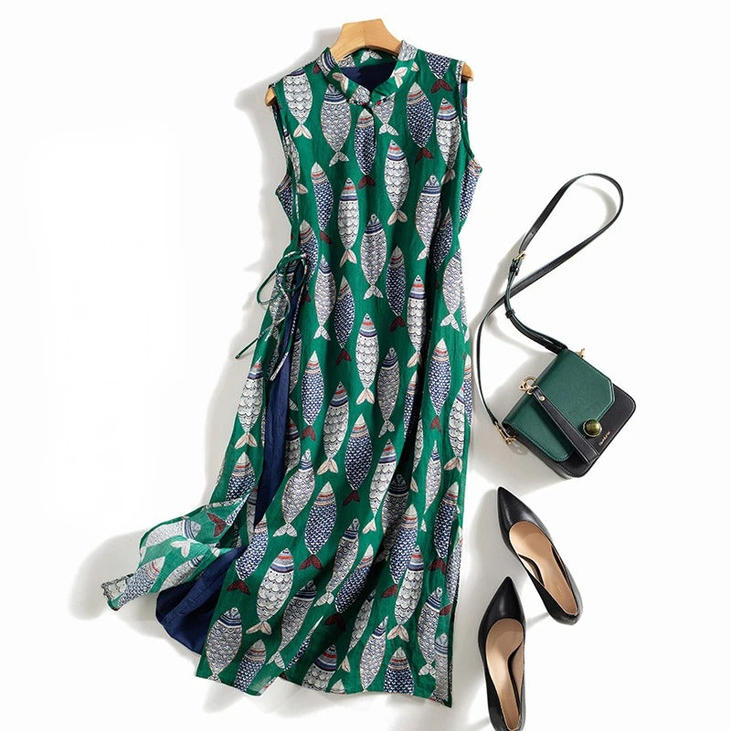 Sleeveless Long Ramie Dress with Breathable Fabric and Fish Design