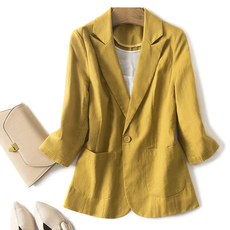 Relaxed Fit Linen Blazer with Single-Button Closure for Breathable Comfort