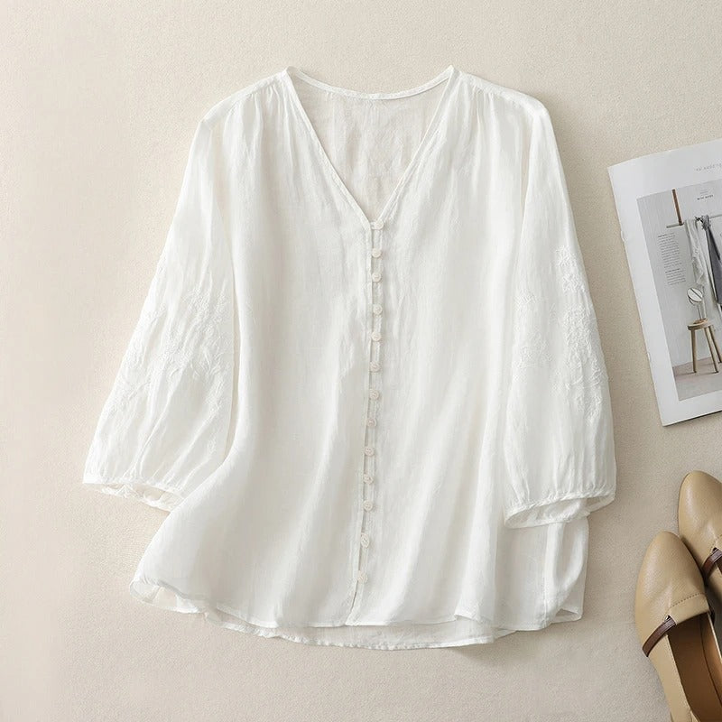 Women's Linen Blouse with Breathable Fabric and Embroidered Sleeves