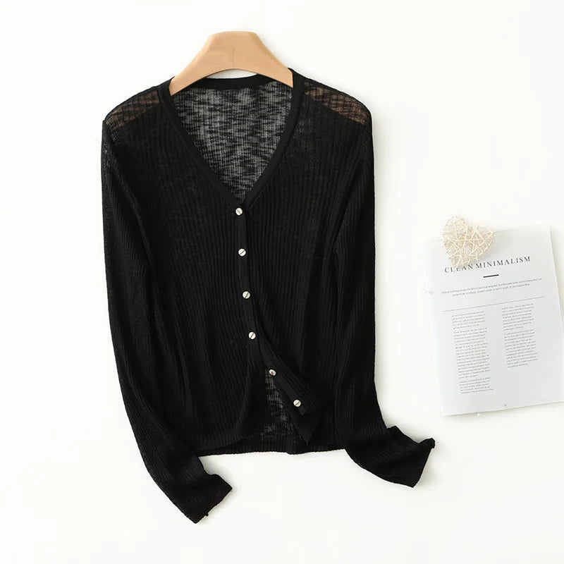Lightweight Wool Cardigan with Soft Ribbed Texture and Tailored V-Neck