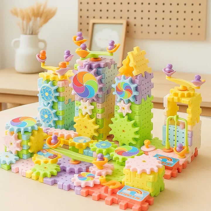 191-piece gear building set with multilevel towers, bright gears, swings, and carousel-style rides.