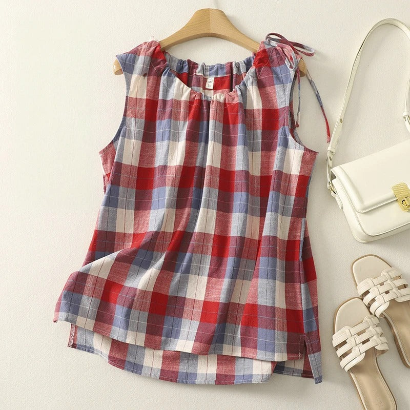 Sleeveless Linen Top with Adjustable Neckline and Curved Hem