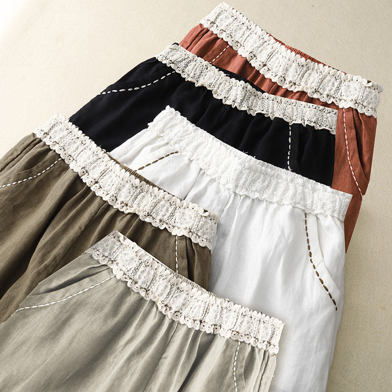 Taleno Linen Pants — Lightweight Balloon Trousers with Vintage Lace Trim
