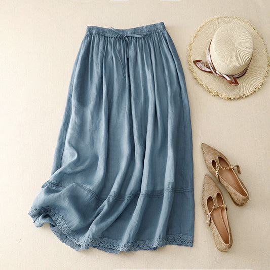 Liora Linen Skirt — Lightweight Breathable Skirt with Scalloped Lace Hem