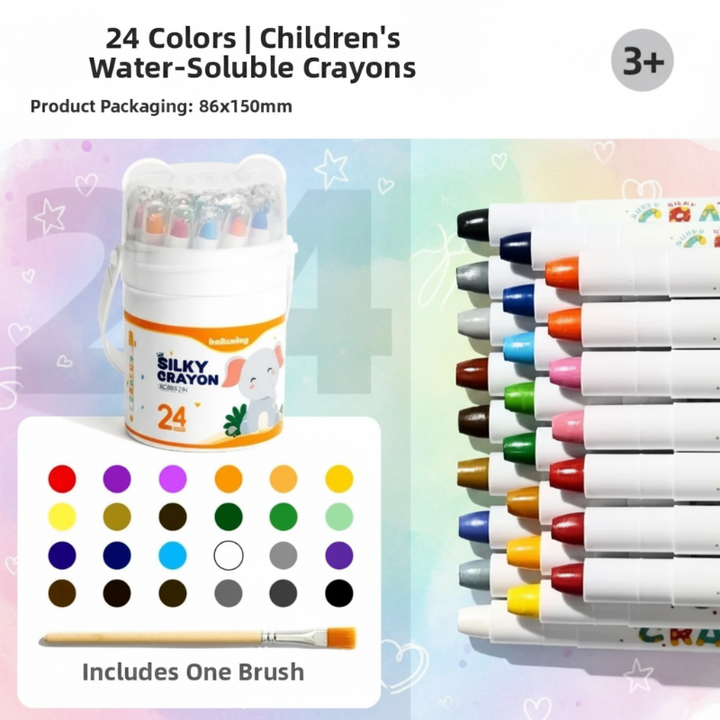24-color water-soluble crayon set with one brush, handled case, color chart, and ages 3+ label