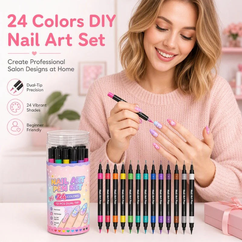 24 Color Dual Tip Nail Art Pens Product Image 02