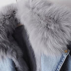 Selvedge Denim Jacket with Plush Fox Fur Cuffs and Lining