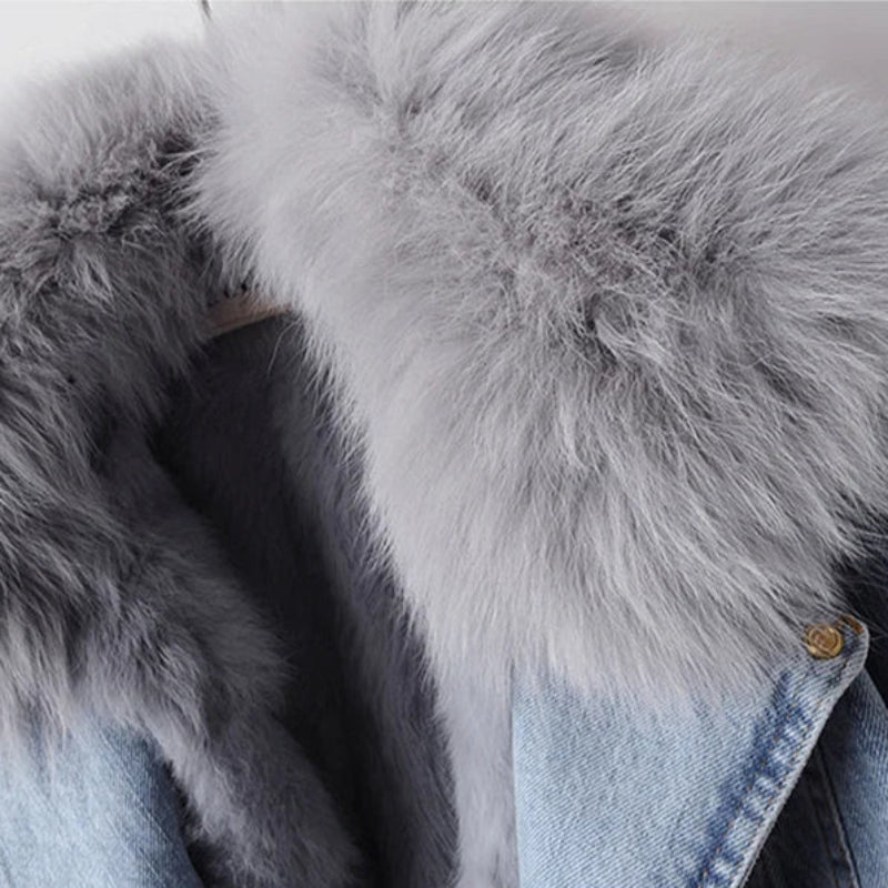 Selvedge Denim Jacket with Plush Fox Fur Cuffs and Lining