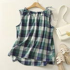 Sleeveless Linen Top with Adjustable Neckline and Curved Hem